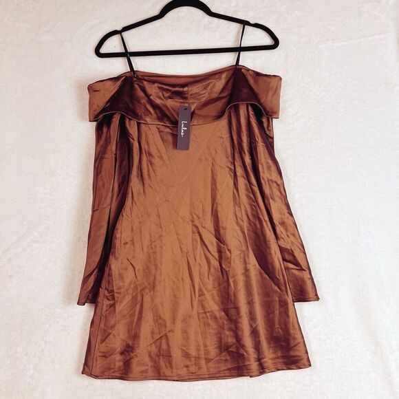Lulus Luxurious Vision Brown Satin Off-the-Shoulder Mini Dress Size S NWT - Picture 6 of 9